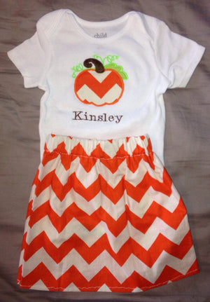 Personalized Girls Pumpkin Chevron Skirt Set Outfit