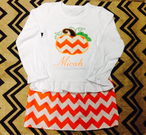 Personalized Girls Pumpkin Chevron Skirt Set Outfit