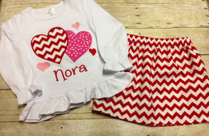 Personalized Girls Valentine's Day Red Heart Skirt Set Outfit