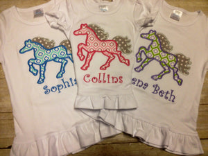 Girls Blue and Teal Horse Personalized Shirt