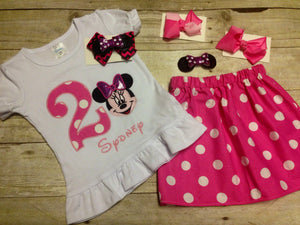 Pink Minnie Mouse Birthday Outfit with Matching Hair clip