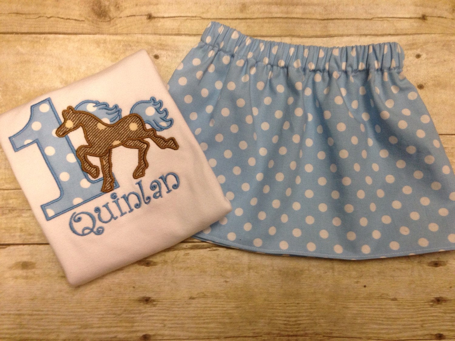 Blue Polka Dot Girls Horse Birthday Outfit