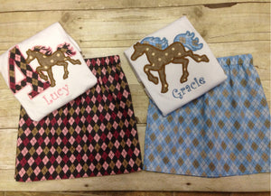 Personalized Girls Blue Argyle Horse Skirt Set